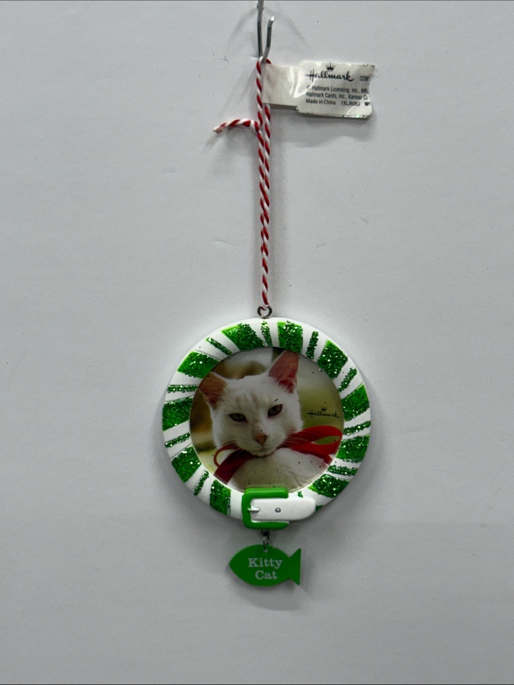 Hallmark White Cat Ornament with Green Glitter and Red Bow Accent